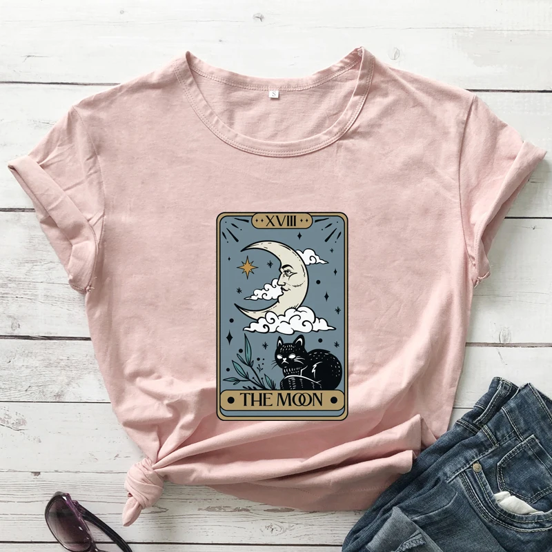 

The Moon Tarot Colored T-shirt Aesthetic Boho Moon And Black Cat Tee Shirt Top Vintage Women Gothic Witch Graphic Tshirt