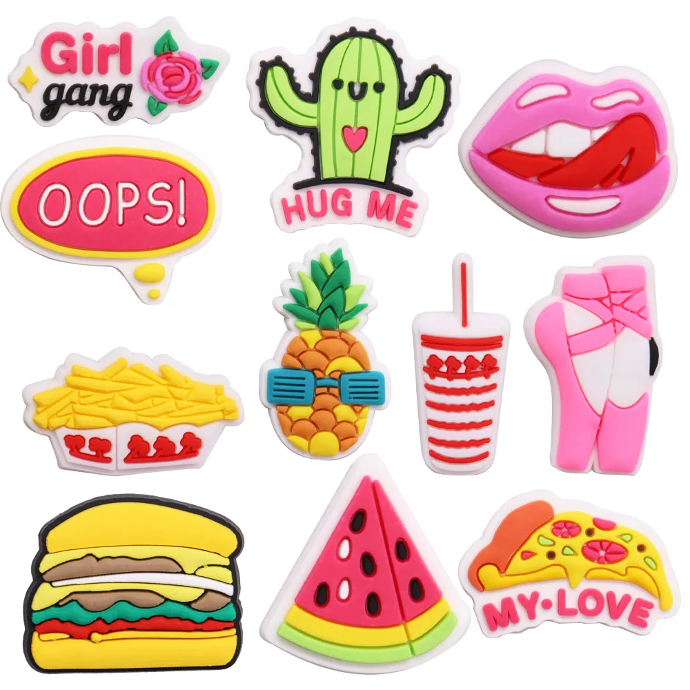 1PCS PVC Cartoon Shoe Charms Kawaii Girl Gang Flower Pineapple Hug Me Drink Cactus Hamburger Watermelon Hole Slipper Decoration