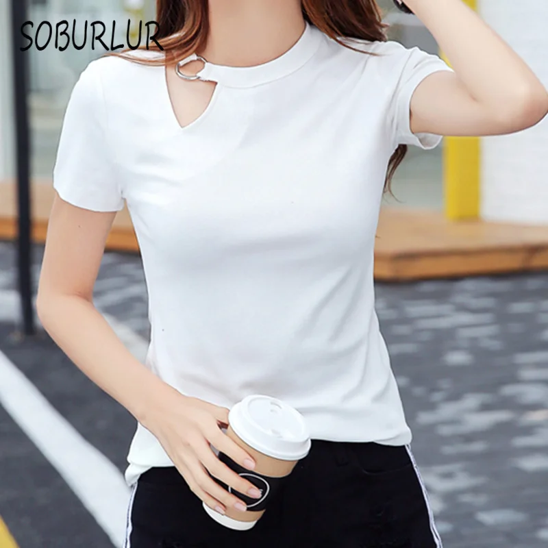 

SOBURLUR 2021 New Summer Solid color Fashion Shirt Women Tops O-neck Tees LGirls Lady Woman T-shirt Women's T-shirt Crop Top