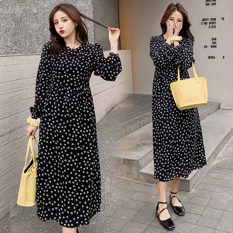 712# 2024 Autumn Korean Fashion Floral Printed Maternity Long Dress A Line Slim Loose Clothes for Pregnant Women Fall Pregnancy