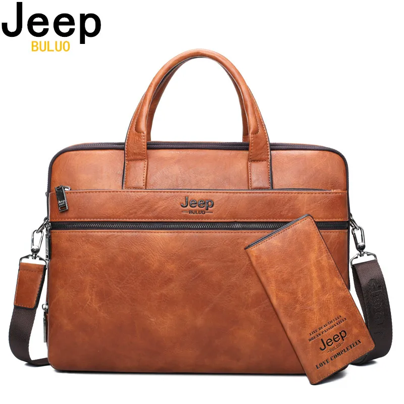 JEEP BULUO Brand Man\'s Business Briefcase Bag 2pcs/set Split Leather Shoulder Bag Men office Bags For 14 inch Laptop A4 Causel