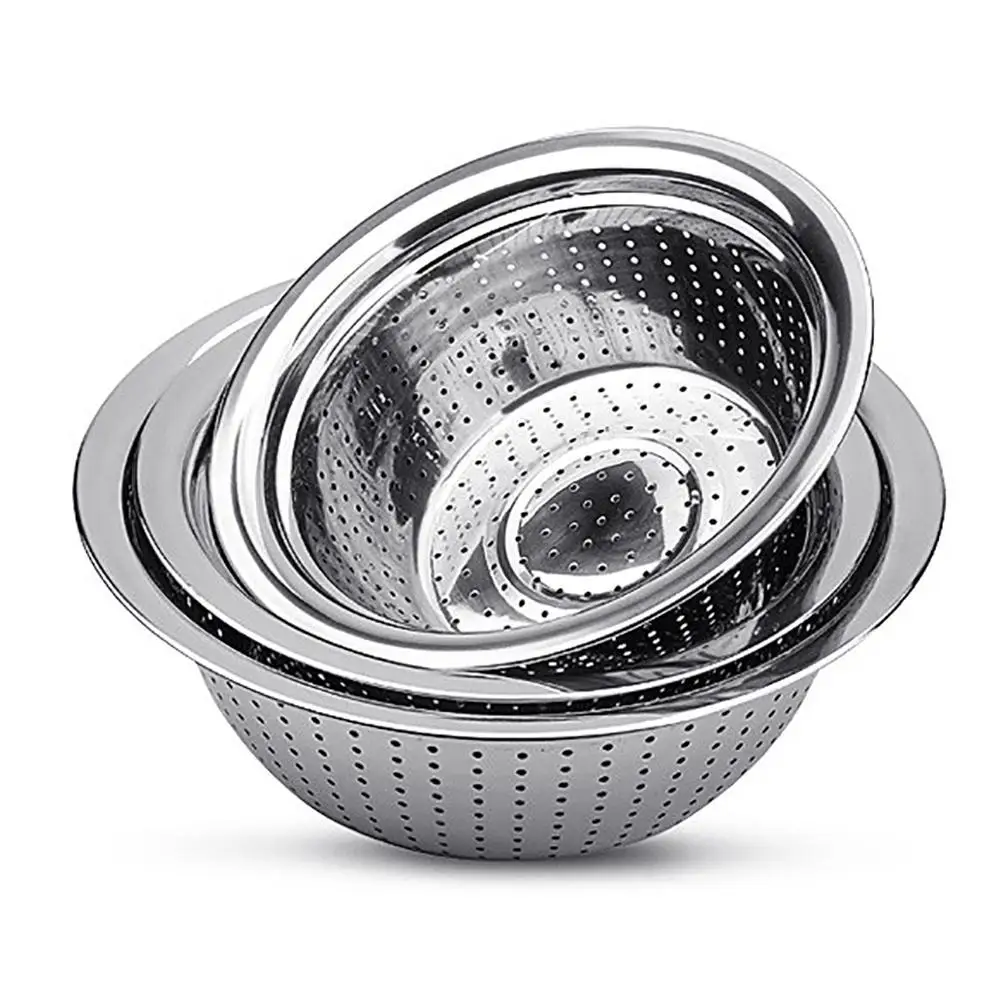 Kitchen Bowl Strainer Holes Washing Rice Sieve Strainer Fruits Vegetable Drain Bowl Stainless Steel Mesh Storage Basin Plate