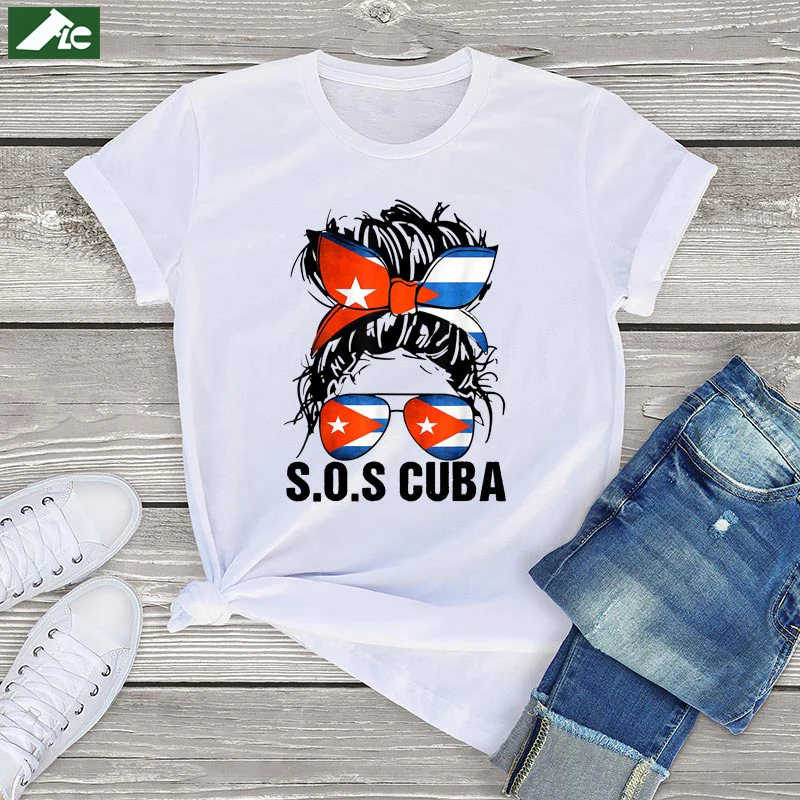 Funny SOS Cuba Flag Girls T Shirt Cotton Messy Hair Woman Graphic Tee Shirts Kawaii Short Sleeve Blouses Unisex Harajuku Tops