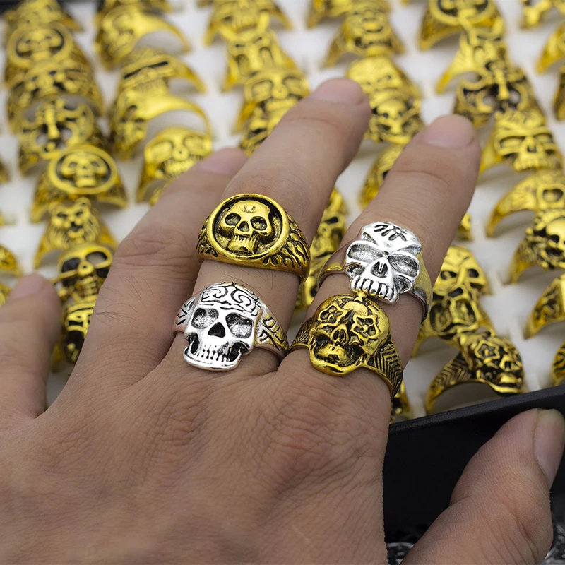 50 pcs Skull skeleton Rings Mens Womens unisex Exquisite vintage Silver Plated Punk Biker Fashion Jewelry Wholesale lots