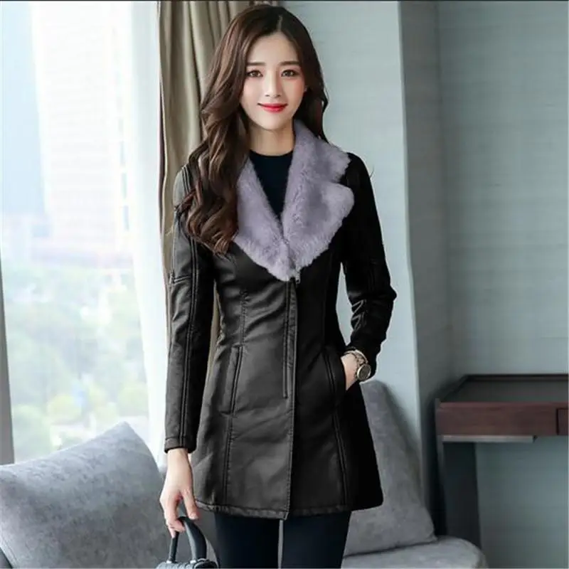 Medium Syle Fur collar Leather Coat thick  New Winter Warm Jacket Women PU Leather Coat Female Overcoat