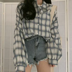 JMPRS Autumn Women Plaid Shirt Oversized Lantern Sleeve Vintage Turn Down Collar Ladies Casual Vintage Button Up Loose Tops 2023