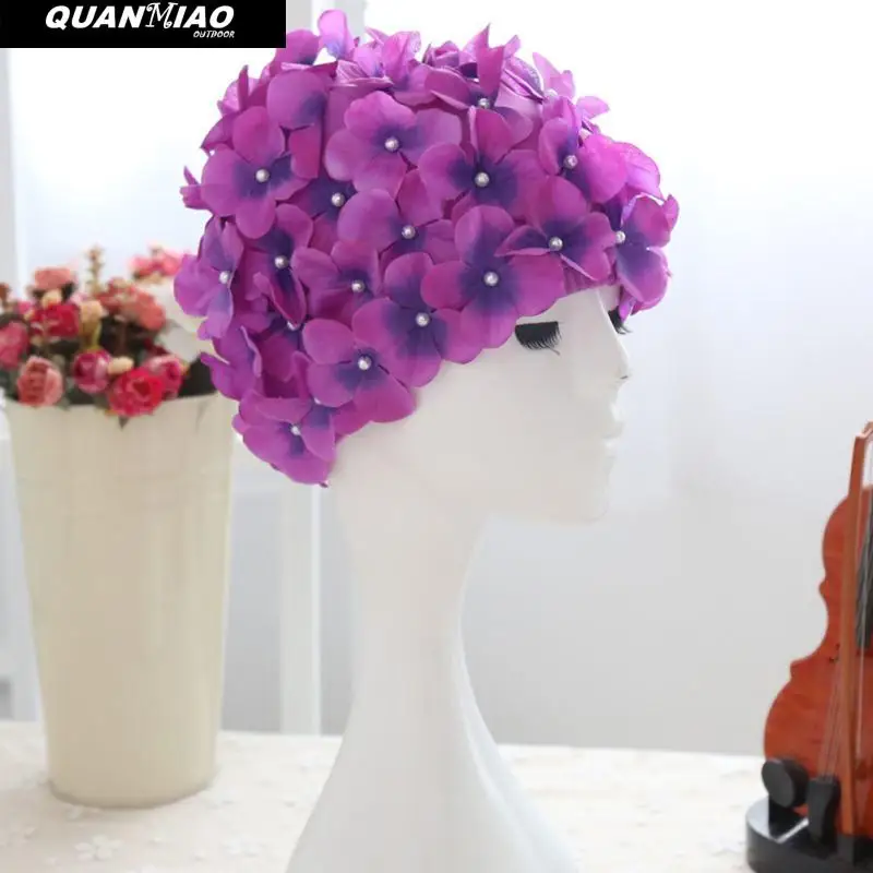 QuanMiao Hot Women Petal Swim Hat Flowers Design Bath Cap Ladies Swimming Cap Swim Pool Hat Swimming Cap