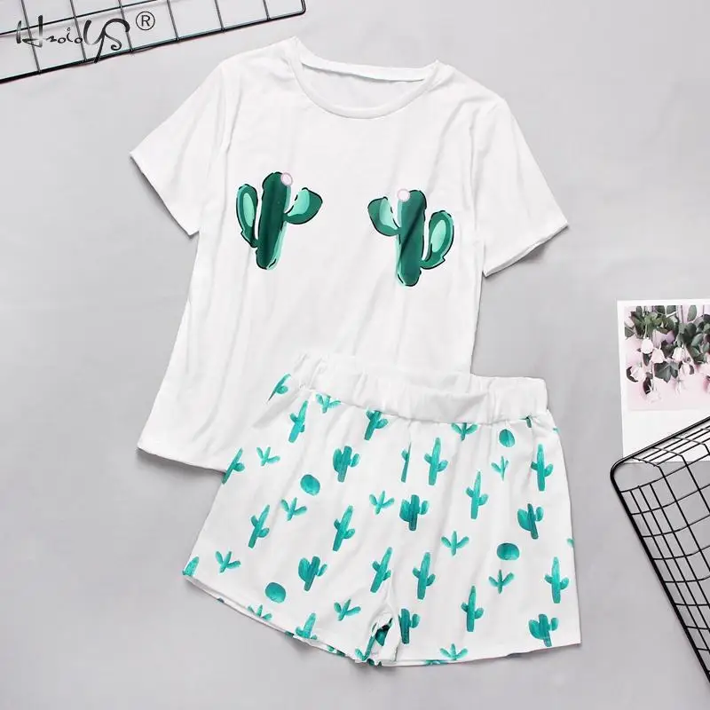 

Spring Summer Women Pajamas Set Cartoon Casual Women's Clothing Pyjamas Suit Female Short Sleeve Tee Shirt Tops Sleepwear