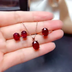 Natural ruby set, simple and practical, ring necklace, women's party wear must-have jewelry, 925 sterling silver