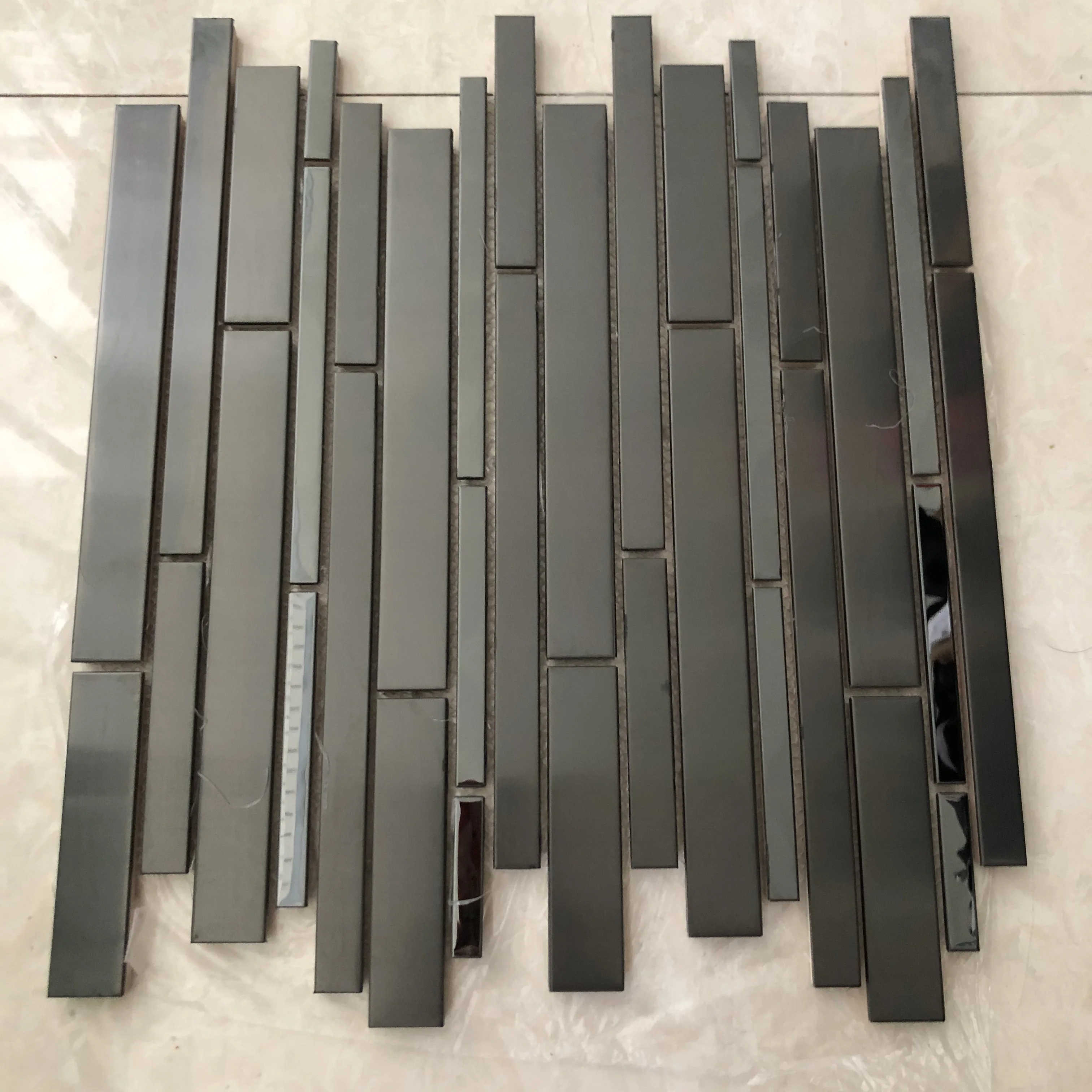 Interlocking Glossy Matt Black Stainless Steel Metal Strip Mosaic Tile for Kitchen Fireplace Living room  wall decoration