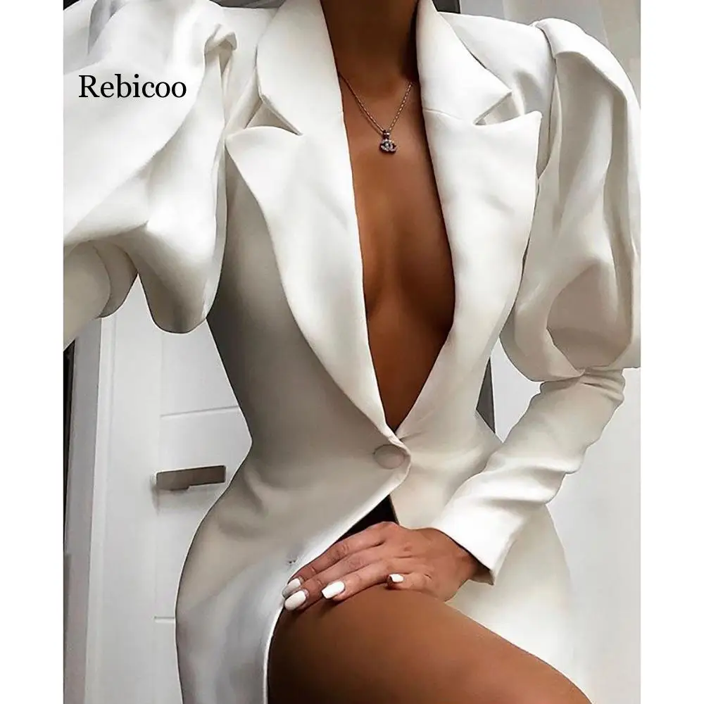 

Long Puff Sleeve Elegant Blazer Autumn Women V Neck Single Breasted White Office Lady Workwear Jacket Blazer