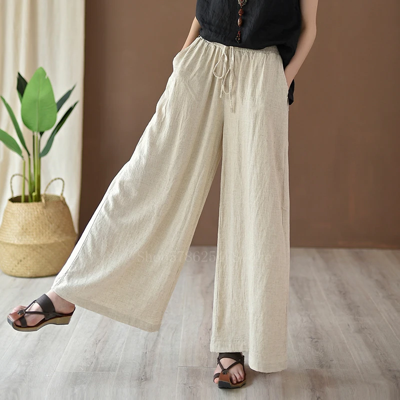 

Summer Women Chinese Wide Leg Trousers Tradional Retro Linen Casual Pants Lady Breathable Oriental Tai Chi Yaga Bottoms