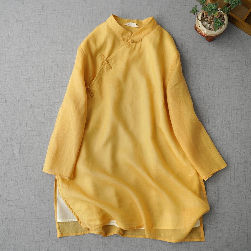 Spring Summer Women Loose Plus Size Chinese Style Buttons Comfortable Water Washed Thin Ramie Pullover Long Tops Shirts/Blouse