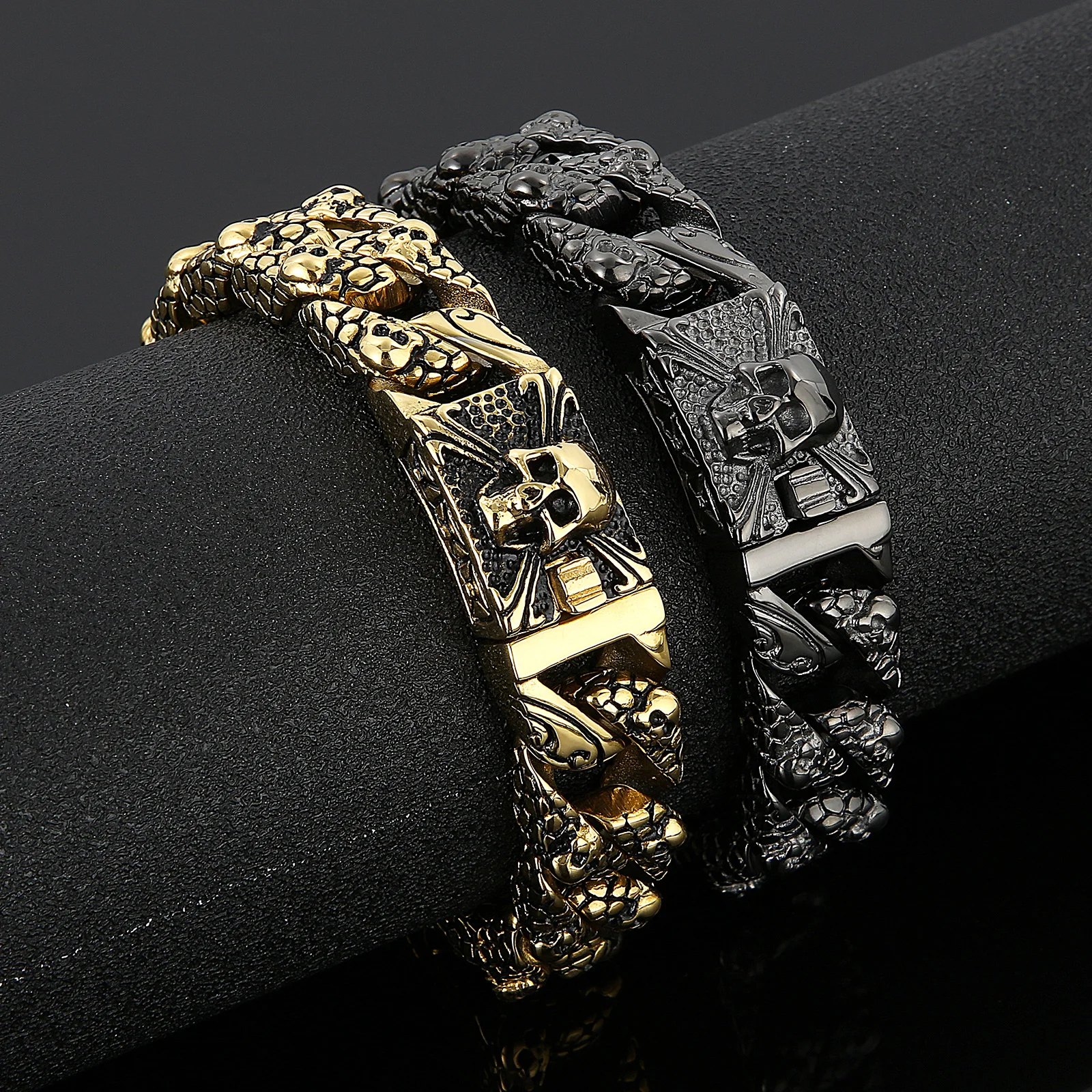 Fongten Gothic Mens Bracelets Stainless Steel Skull Franco Curb Chain Bracelet For Men Multiple Color Skeleton Armband Jewelry