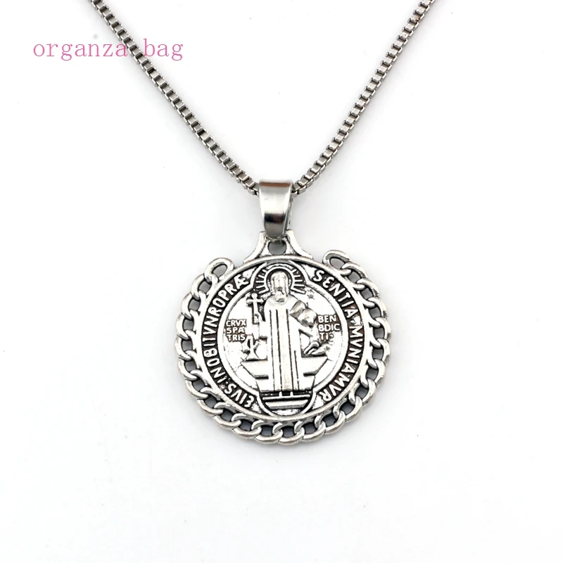 

15pcs Tibetan Silver Alloy Saint St Benedict DE Nursia Badge Medal Charms Pendants Necklaces 23.6inches 25.5x26.2mm Pendant