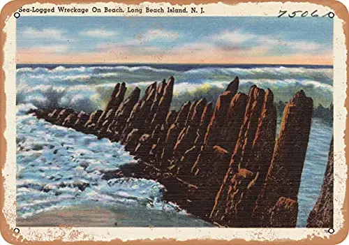 Metal Sign - New Jersey Postcard - Sea-logged Wreckage on Beach, Long Beach Island, N. J. - Vintage Rusty Look Wall Decor for C