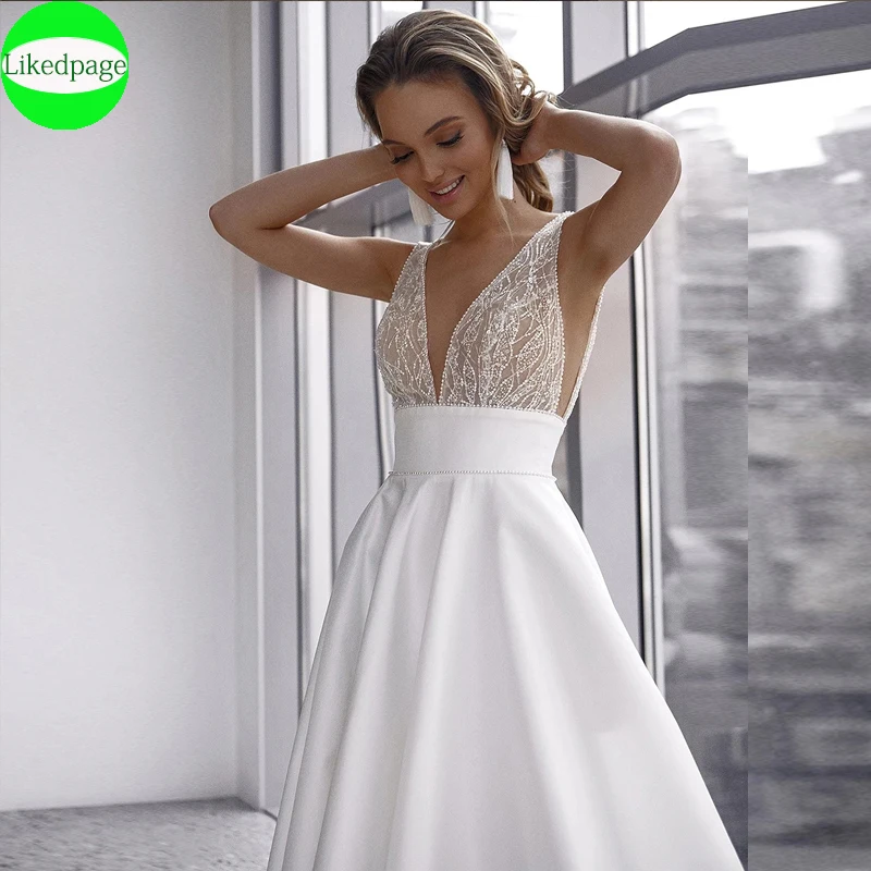 Gaun Pengantin Seksi 2021 A Line Satin Vestidos De Novia Gaun Pengantin V Neck Ilusi Jubah Mariage Boda Hochzeit Pesta Kleid