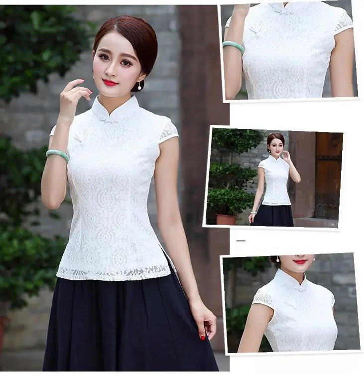 SHENG COCO Ladies White Lace Blouse Qipao Tops Chinese Style Vintage Clothing Blouse Women Wear Tangzhuang Clothes Haut Chinois