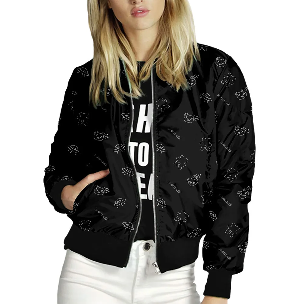 

Women Cute Printed Jackets Ladies Zipper Up Bomber Outwear Spring Long Sleeve Tops Thin Slim Casual Pocket Biker Coats