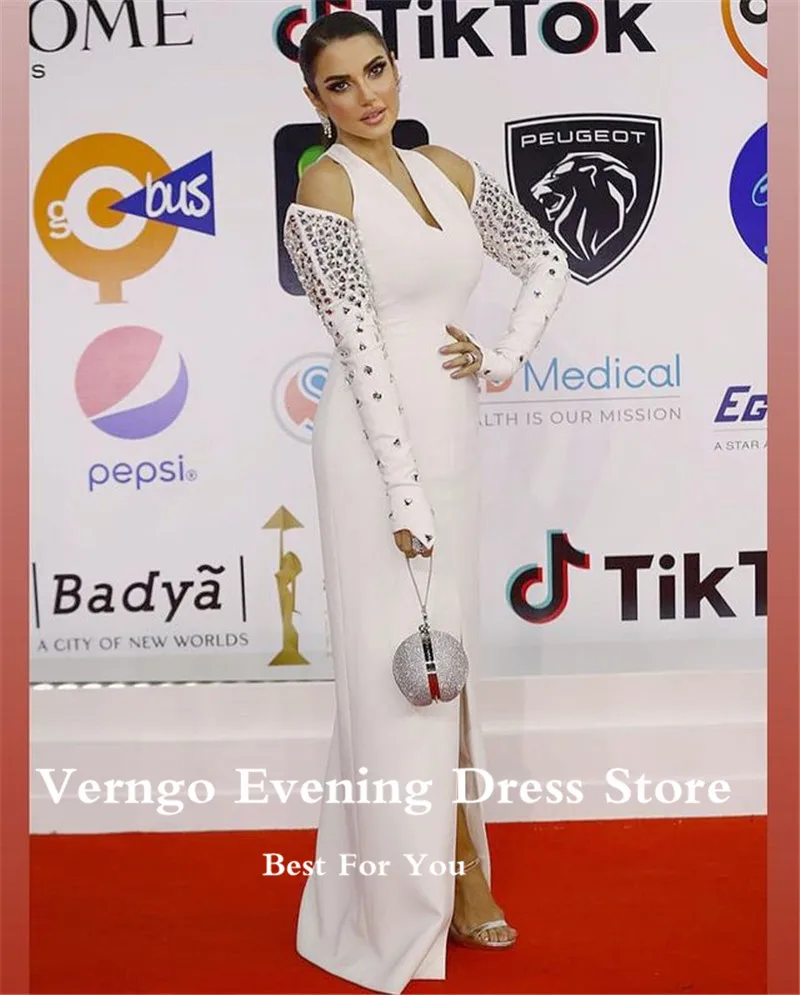 Verngo Modern White Celebrity Dresses With Crystal Sleeves Beads V Neck Slit Long Evening Dress Dubai Women Formal Prom Dress