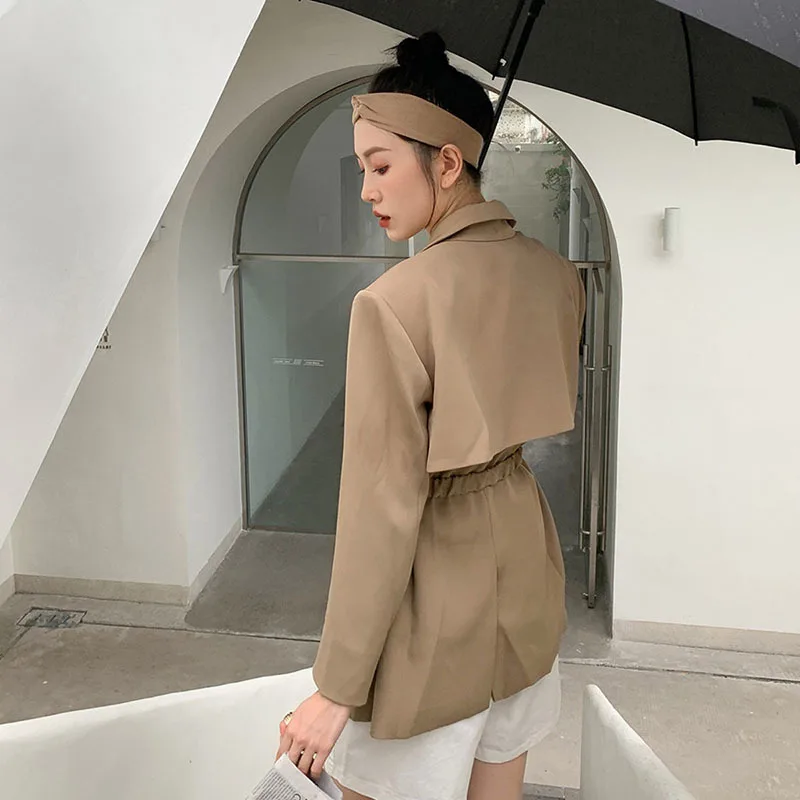 Korean Khaki Blazers With Sashes Women Streetwear Mid-length Casual Long Sleeve Suit Jacket Female Outerwear Spring Autumn 2024