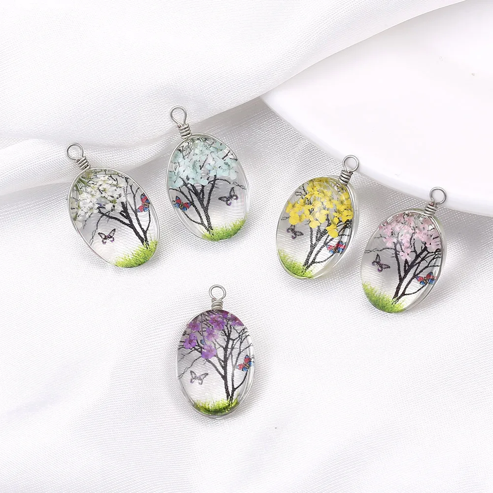 10pcs Wholesale Cabochon Glass Ball Dried Flower Tree Pendant Charms for Necklace Earring Making Diy Jewelry Findings