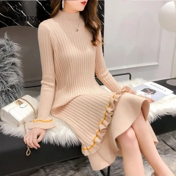 

Turtleneck Knitted Dress Ruffle Sweater Women Flare Sleeve Winter Robe New Autumn Solid Sweet Ruffle Elegant Long Dresses Outfit