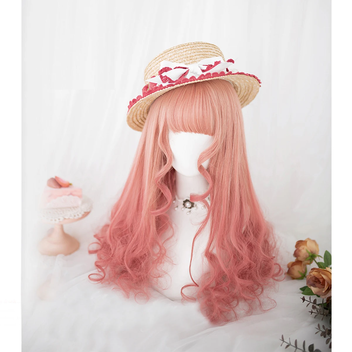 CosplayMix 55CM Watermelon Red Ombre Long Curly Bangs Cute Halloween Party Synthetic Hair Women Cosplay Wig+Cap