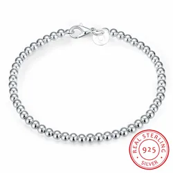 100% 925 Solid Real Sterling Silver Fashion 4mm Beads Ball Chain Bracelet 20cm For Teen Girls Lady Gift Women Fine Jewelry