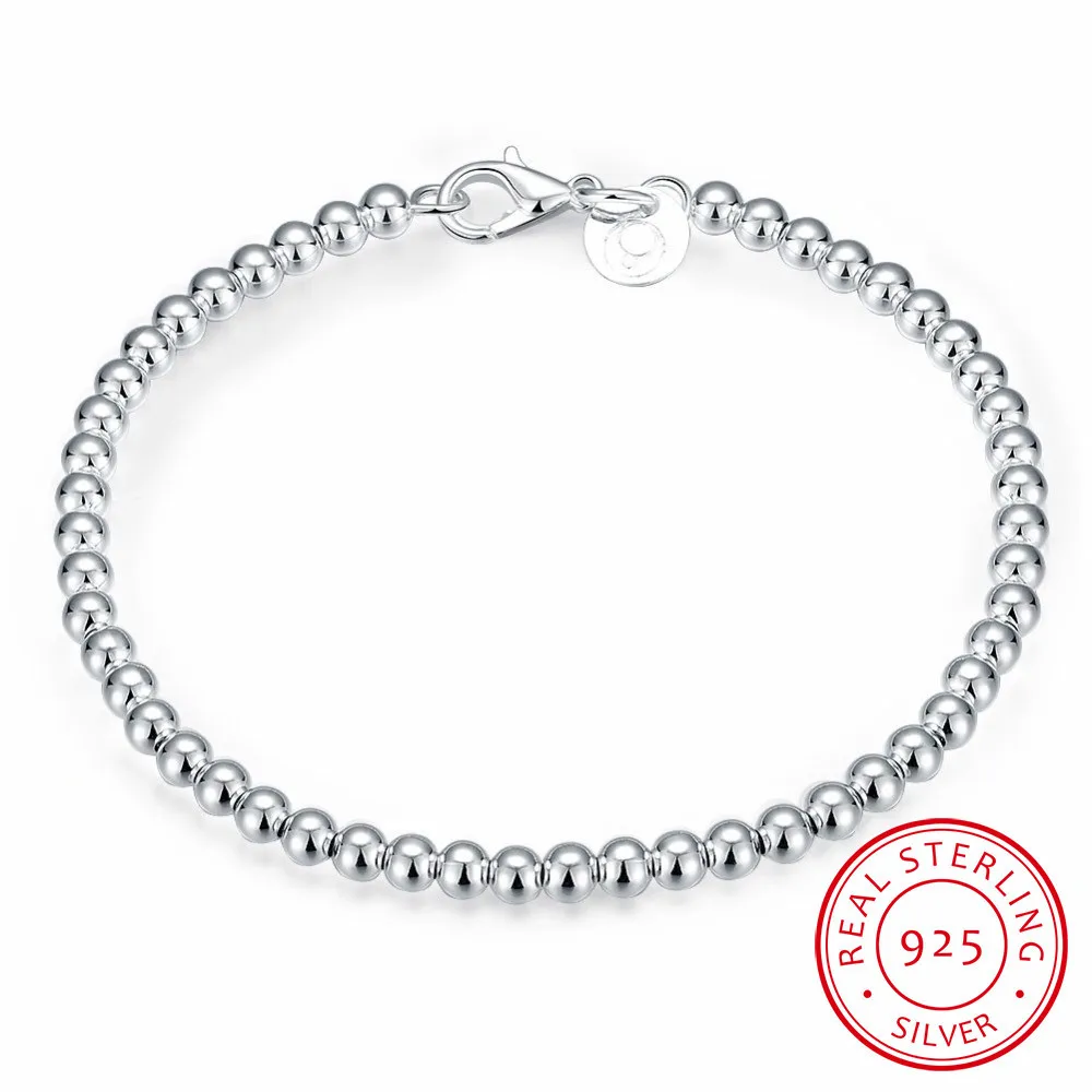 100% 925 solidna prawdziwe srebro moda 4mm koraliki Ball Chain Bracelet 20cm dla nastoletnie dziewczyny Lady prezent kobiety Fine Jewelry