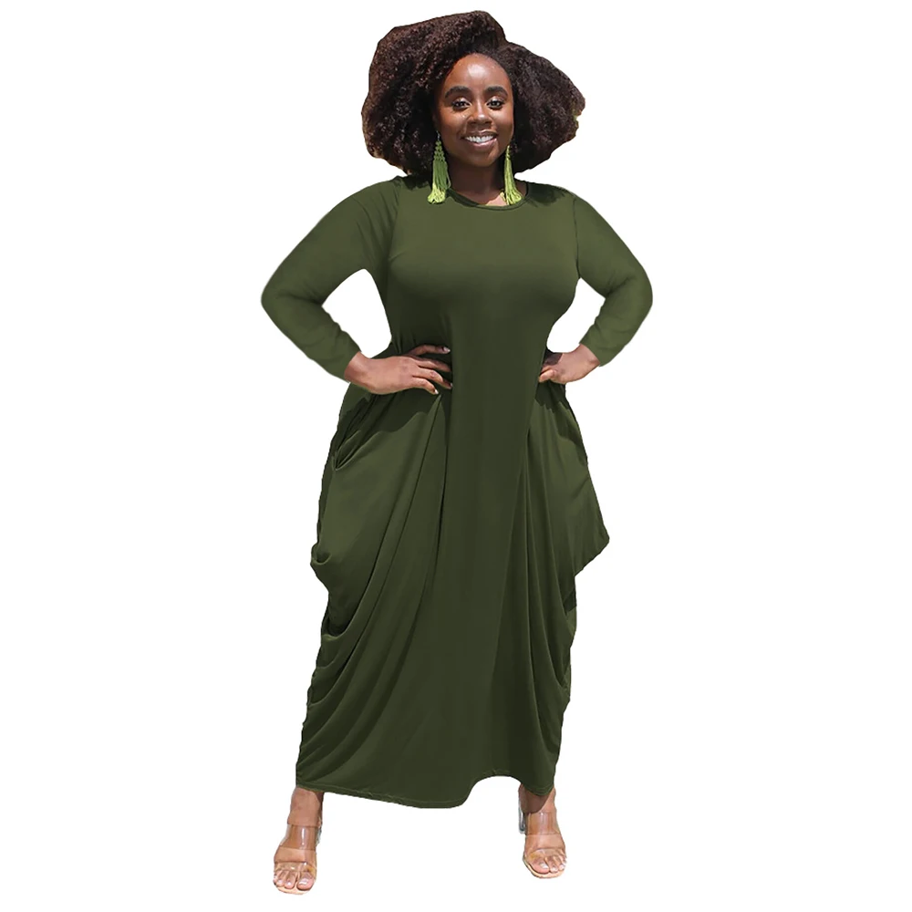 Autumn Winter Solid Color Asymmetrical Plus Size Maxi Dresses For Women Casual Loose Pockets Large Big Size Long Sleeve Dress