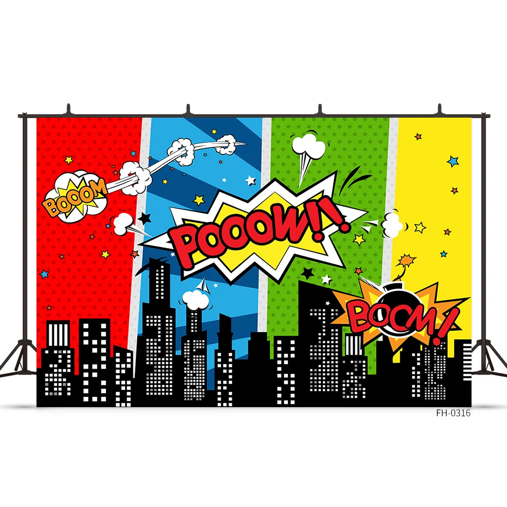 Custom Name Comics Superhero City Buildings Kids Birthday Party Photography Backdrops Children Photo Background Photocall Props