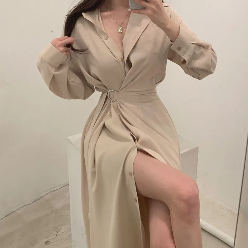 

Solid Apricot Autumn A-Line Party 2022 Vintage Elegant Long Sleeve Woman Dresses Spring Women Shirt Dress Luxury High Waist