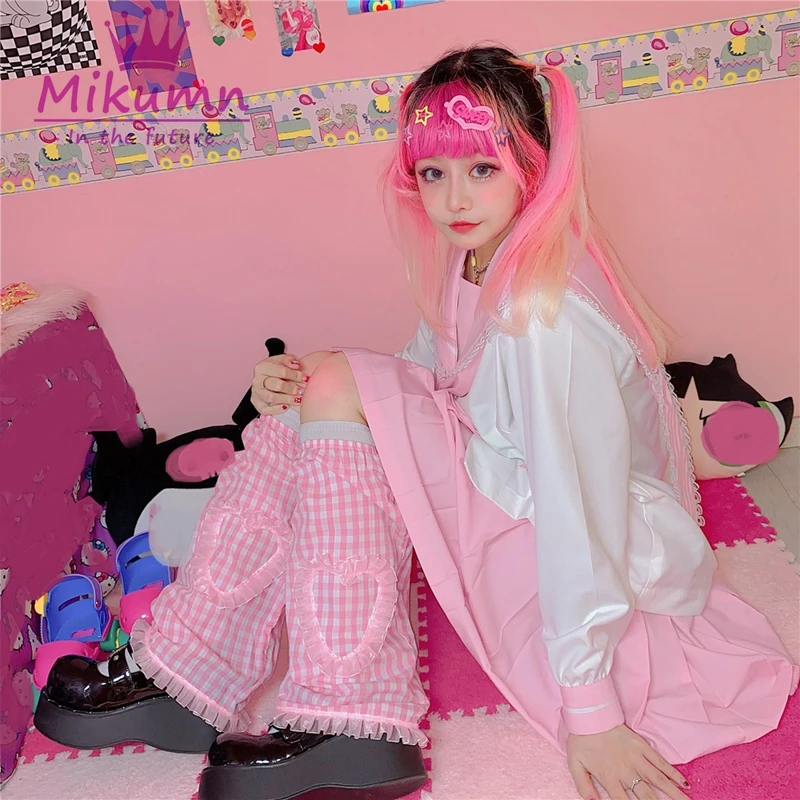 Japanese Harajuku Girls Cute Pink Plaid Leg Warmer Socks Lolita Kawaii Sweet Love Heart Ruffles Leg Cover Streetwear