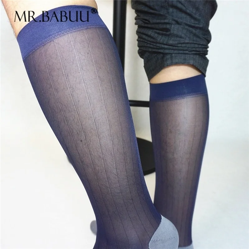 Thin and transparent mid-length tube striped with blue toe European and American business suits men\'s TNT stockings