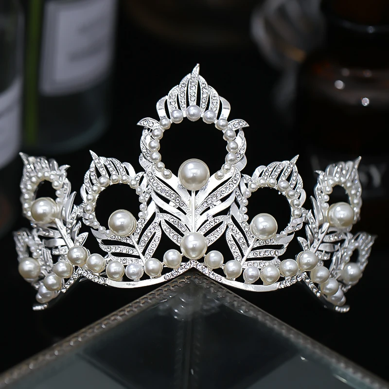 Luxury Miss Universe Round Crown Crystal Pearls Wedding Crowns Peacock Feather Tiaras Rhinestone Pageant Diadem Hair Accessories