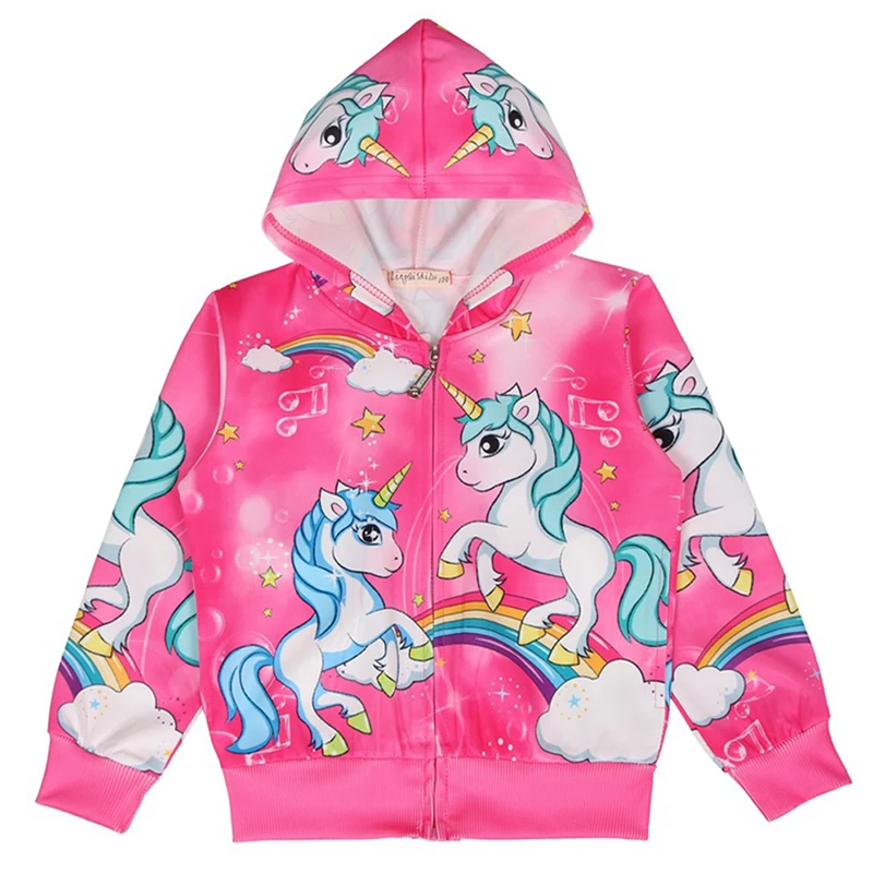 Cute Rainbow Unicorn Kids Jacket Hooded Zipper Children Outwear Cartoon Girls Jacket Spring Autumn Casual Thin Baby Girl Clothes