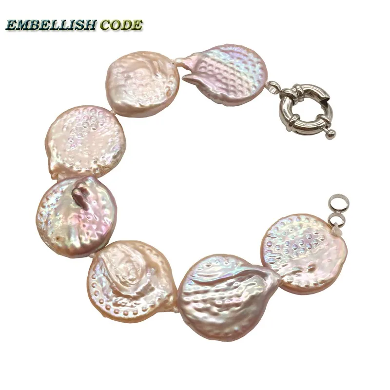 

peach large size baroque pearl bracelet button coin shape natural freshwater pearls fine jewelry for national flavor