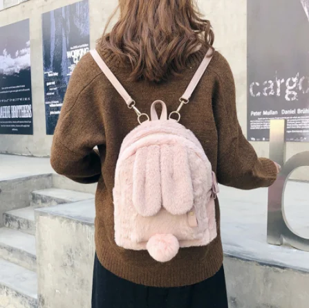 Mini Furry Fluffy Plush schoolbag Rabbit Ear Backpack cute Girls Shoulder Bag Winter Women\'s Travel Bag Children Plush Bag