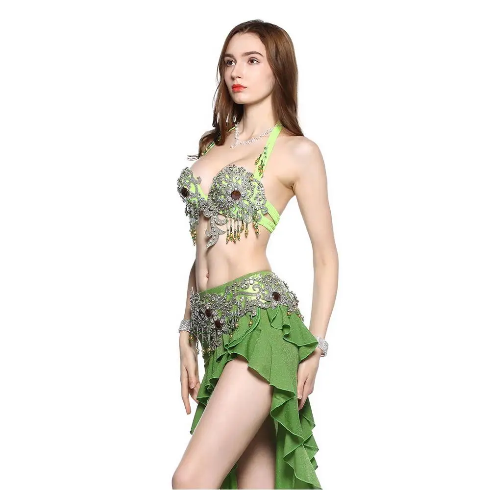 2019 Women Dance Clothes C/D Cup Bra Egyptian Belly Dance Costume Set 2 Pieces Bra Belt Green Rhinestone Outfit