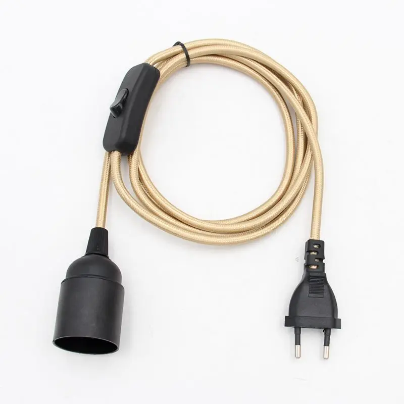 AC 220V 2 Meters EU Plug Power Cord With ON/OFF Switch E27 Bulb Lamp Holder Textile Cable Cord for Hanging Light Cord Kit