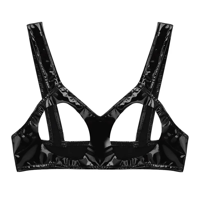 Womens Sexy Lingerie Faux Leather Cupless Bra Vest Wetlook Open Cups Bra Tank Bralette Crop Tops For Women Fetish Underwear