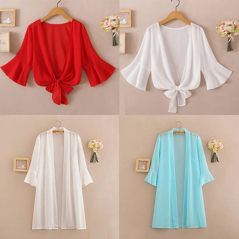 Dài Áo Voan Cardigan Mùa Hè 2020 Người Phụ Nữ Cổ V Thắt Nơ Eo Áo Sơ Mi Đen Ren Tay Ren Bãi Biển Áo bao Che