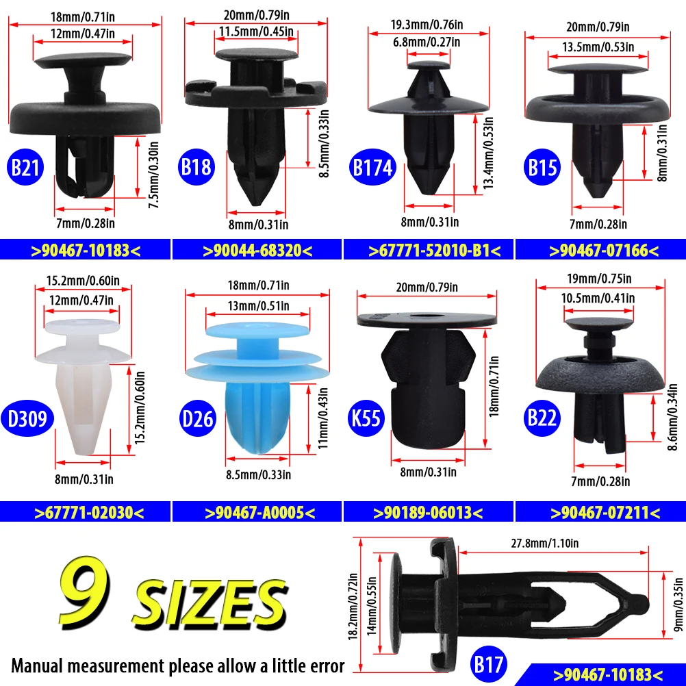 200PC Car Trim Clips Push Rivets For Toyota Lexus Bumper Wheel Arch Panel Fender Splash Guard Fastener 01553-09321 90467-07211