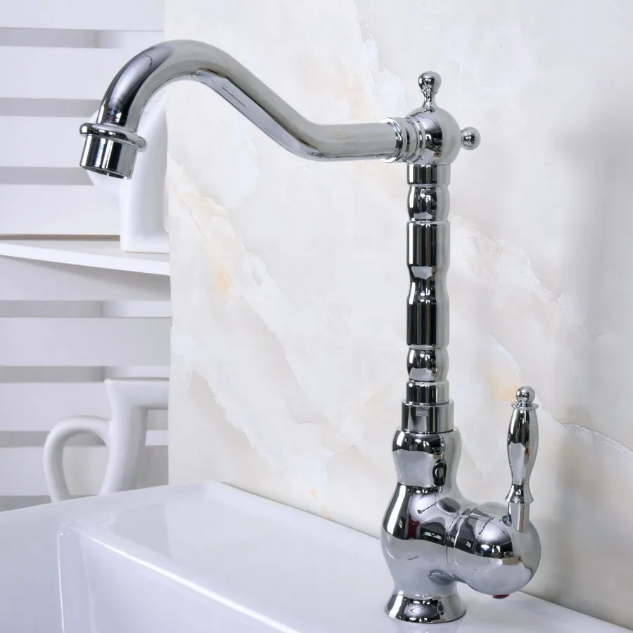 Latão polido Chrome Único Punho Um Buraco Bacia Banheiro Kitchen Sink Faucet Bica Giratória Torneira Misturadora mnf933