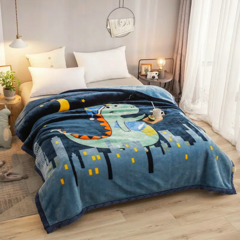 1.7KG Cartoon Laschel Fluffy Blanket Double-Layer Thicken Blanket Winter Warm Quilts Dinosaur Super Soft Blue Throw Blanket