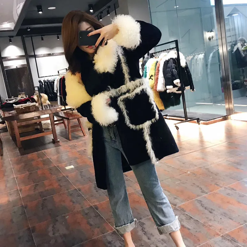 

Winter 2023 Clothes Women Jacket Woman Shearing Real Mongolia Sheep Fur Collar Long Coat KJ1060