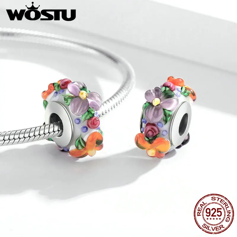 WOSTU 100% 925 Sterling Silver Colorful Flowers Charm Glass Beads Fit Original Bracelet Necklace Pendant DIY Jewelry CQC1720