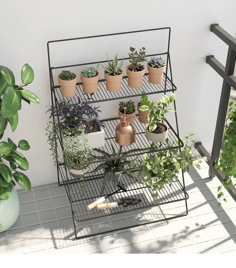 Balcony Multi-Layer Flower Pot Stand, Trapezoidal Small Potted Plant Wrought Iron Shelf, Outdoor Green Plant Metal Rack