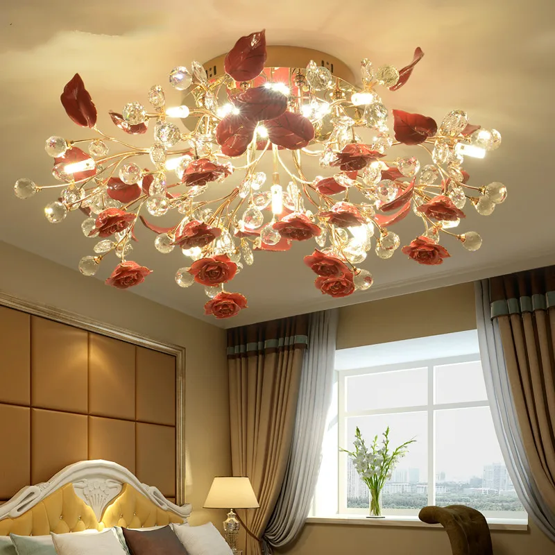 Dressing room Crystal Ceiling Lamp G4 led red rose Wedding lighting Ceramic ceiling light Bedroom Dining Room sarface led Lights